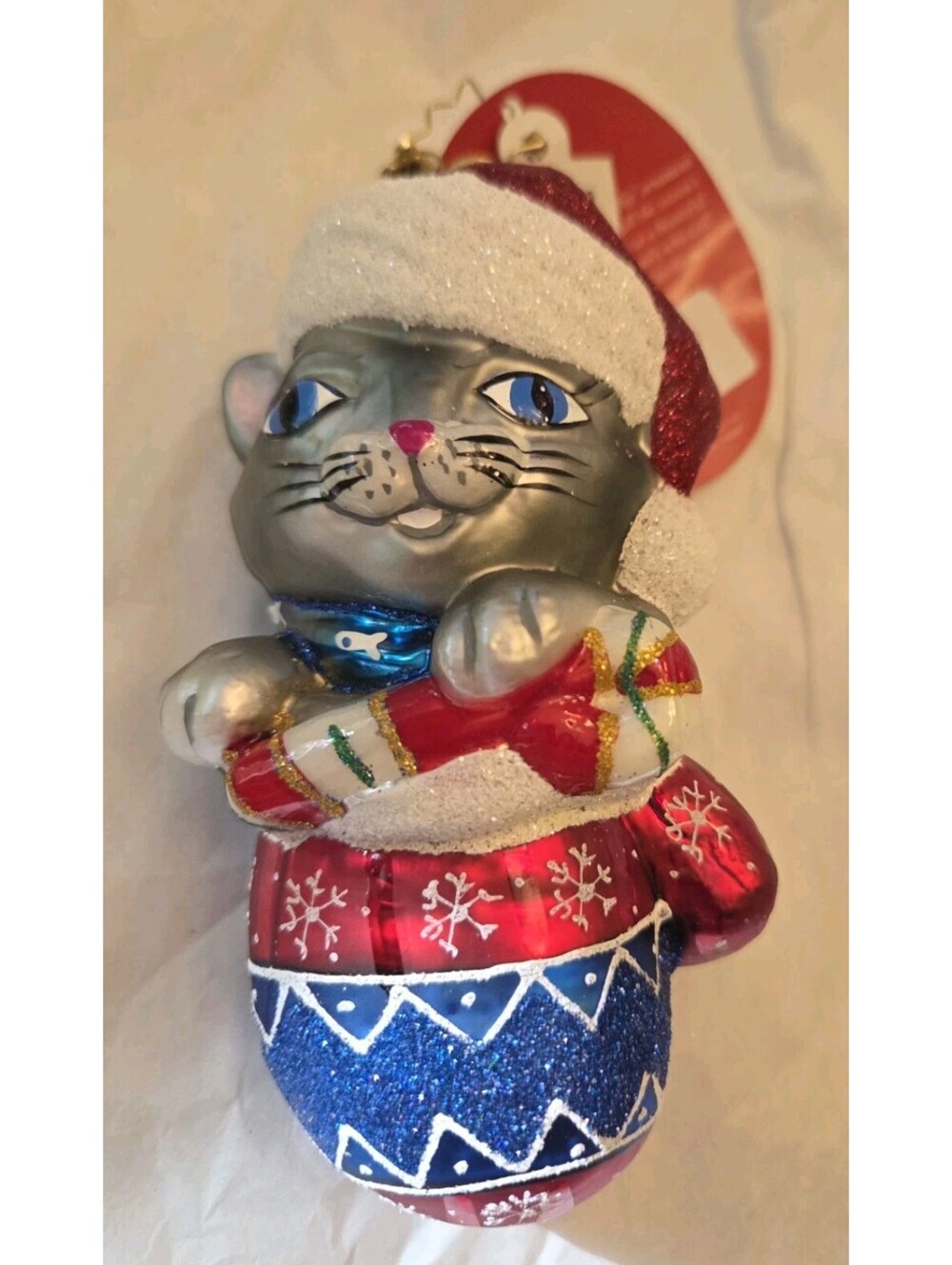 Christopher Radko Smitten in a Mitten Glass Handpainted Cat Ornament *New* w/Tag